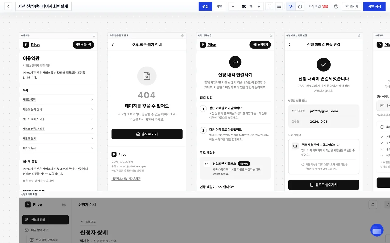 화면설계 캔버스: 휴대폰 화면 여러 장과 관리자 화면