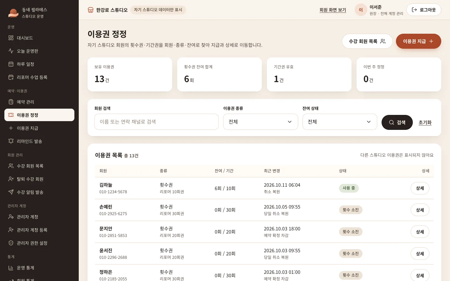 관리자 화면: 회원별 이용권 종류·잔여 횟수·최근 변경 기록 목록